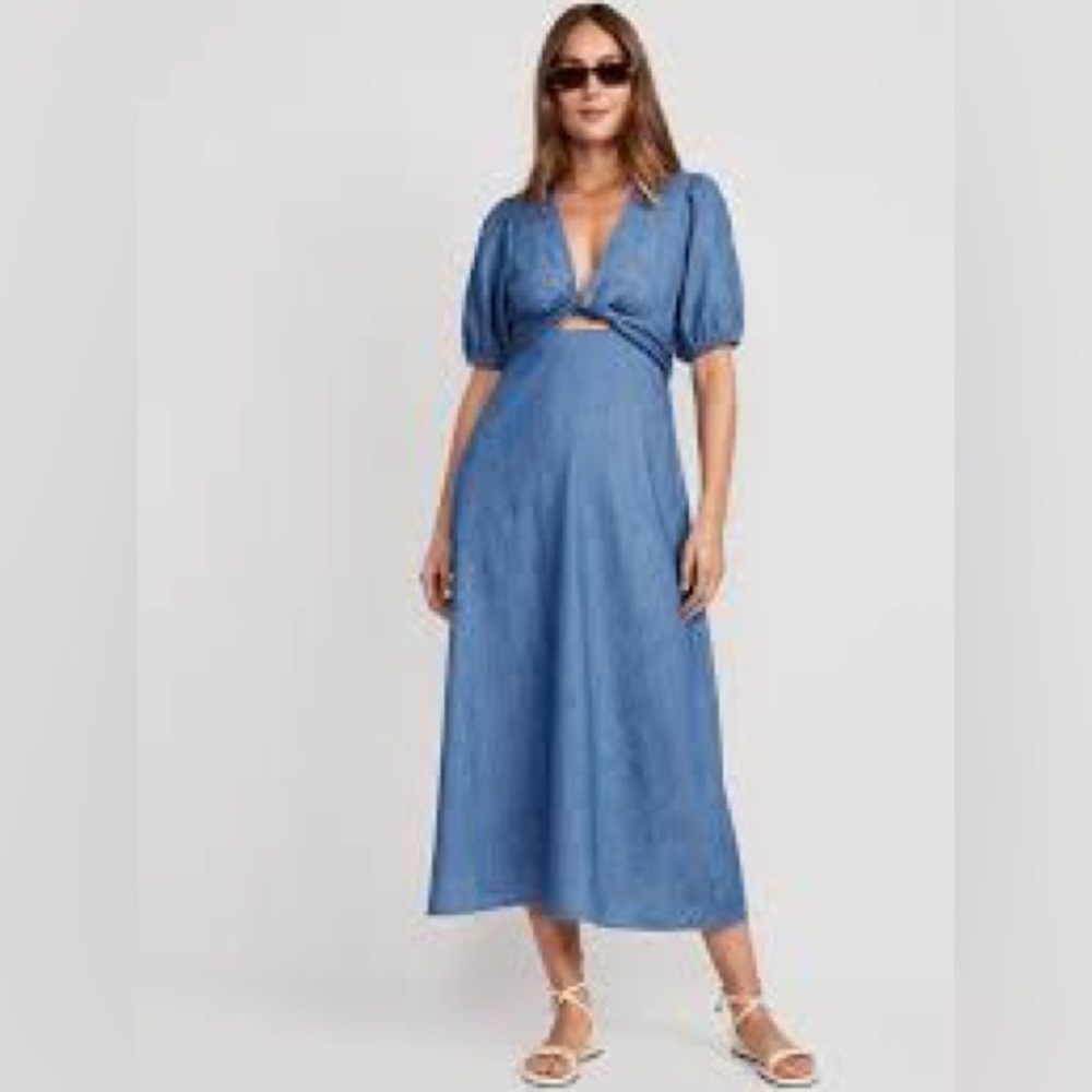 Old Navy Twist Front Midi Dress Size XS Denim Puff Sleeve Cottage Boho Western
